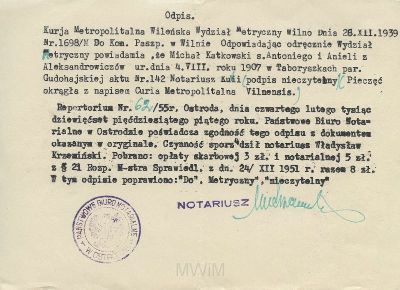 KKE 5503.jpg - Dok. Odpis metryki urodzenia Michała Katkowskiego syna Antoniego i Anieli z Aleksandrowiczów, Nr. 142/1698/M. Wydane przez Kurię Metropolitalna w Wilnie, Wilno, 28 XII 1939 r. Odpis: Nr. 62/55 r. Ostróda, Władysław Krzemiński.